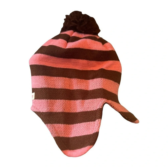 NWT RARE Y2K Paul Frank Kids Pink and Brown ‎ Striped Beanie Hat Brim Pom Pom - Picture 4 of 9
